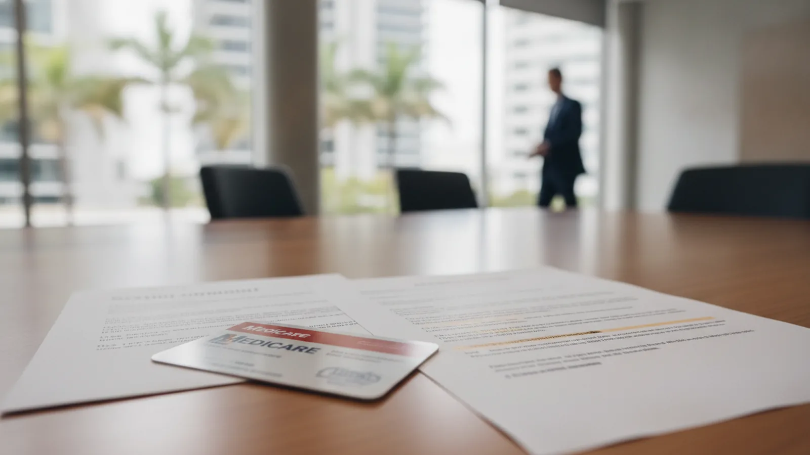 Health card resting on documents on a meeting table