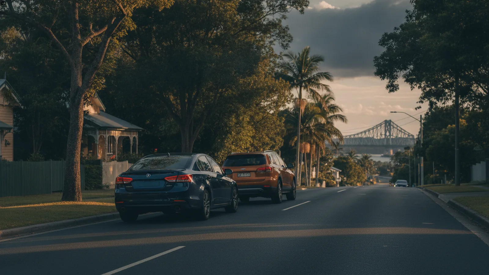Two cars on a leafy Brisbane street near the Story Bridge